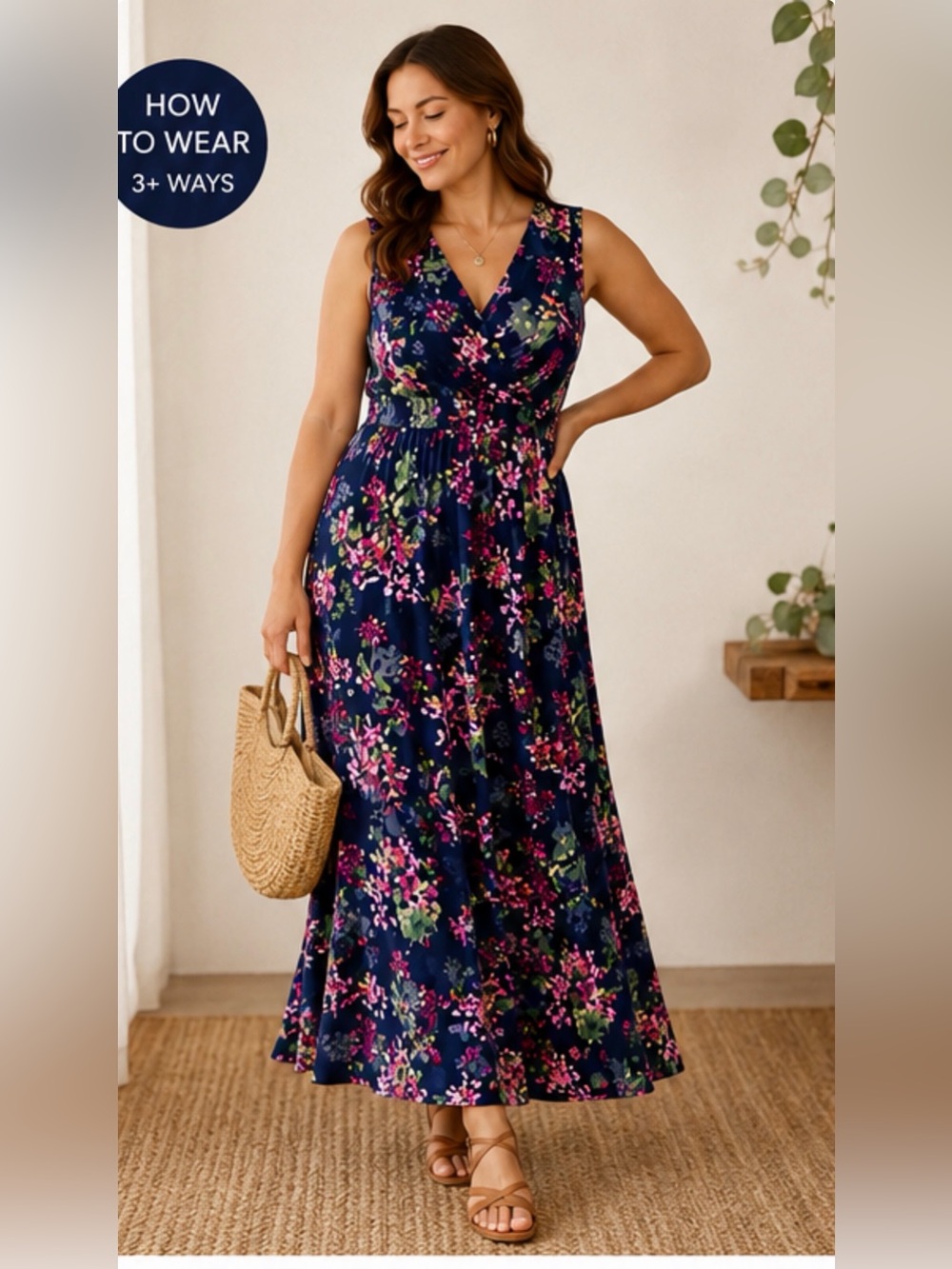 Lands’ End Floral Sleeveless Maxi Dress Women’s‎ M 10-12 Navy Pink Surplice
